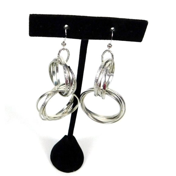 Multi Circle-Link Interlocking Hoops Polished Textured Dangled Pierced Earrings - Picture 2 of 8